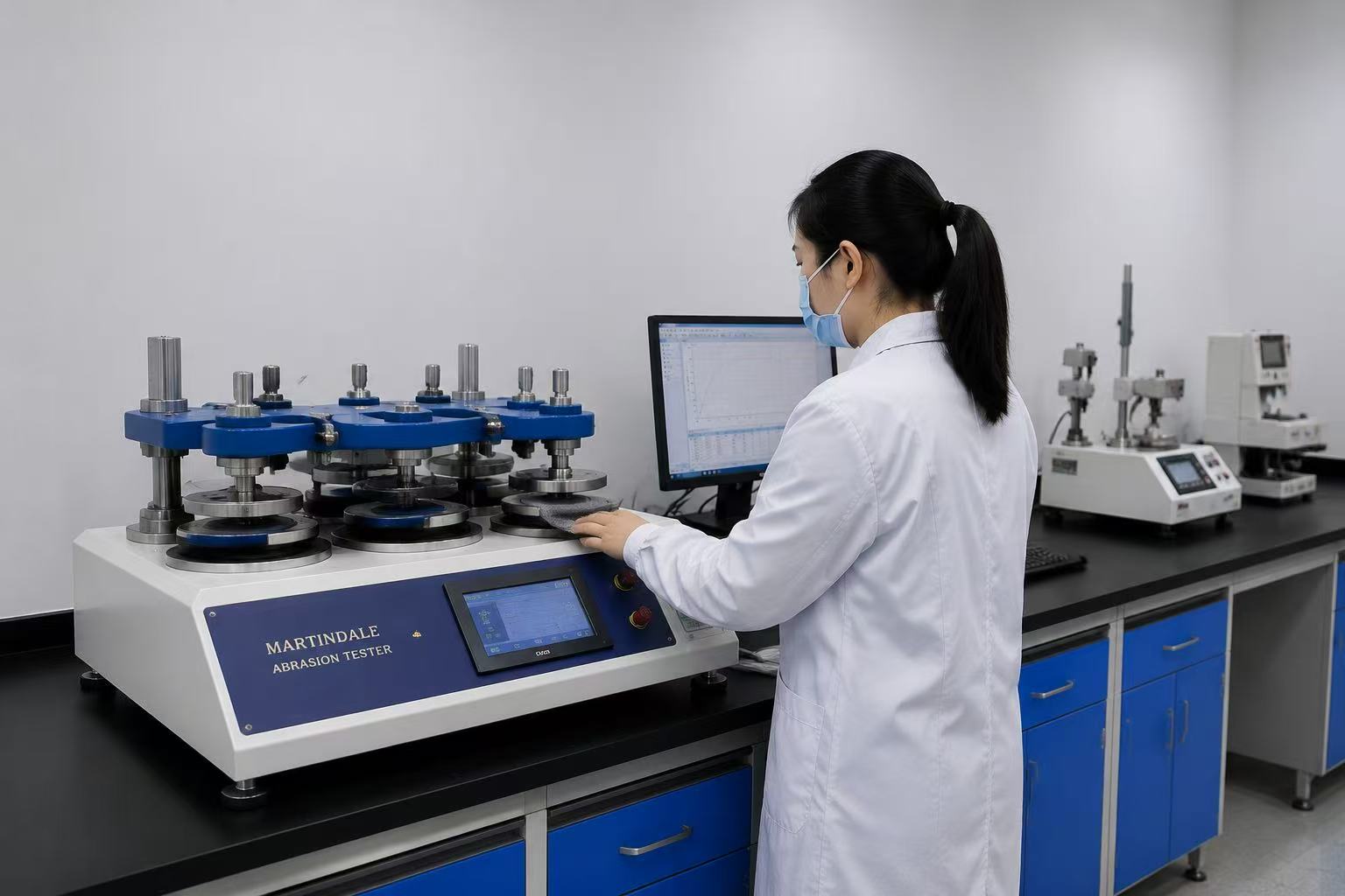 Technician operating a Martindale abrasion tester