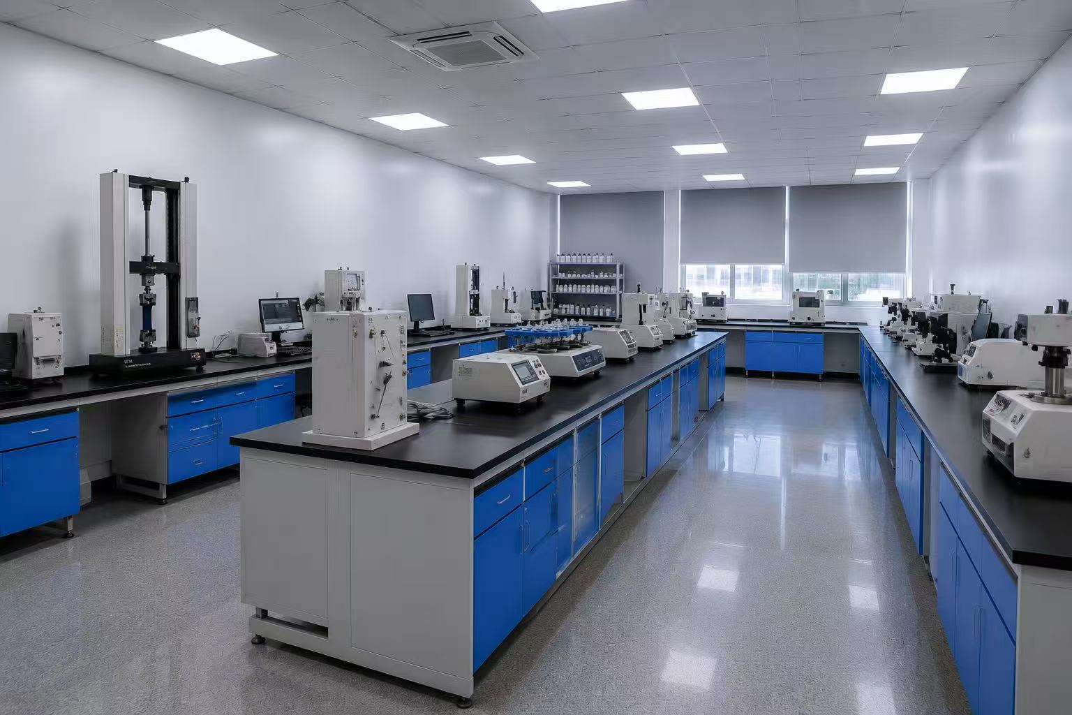 Wide view of the Newway Textile testing laboratory and equipment