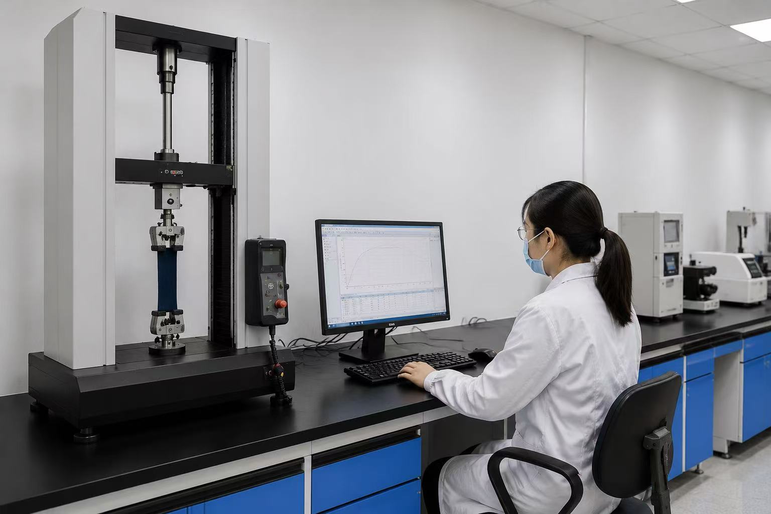 Technician operating a tensile testing machine in the laboratory