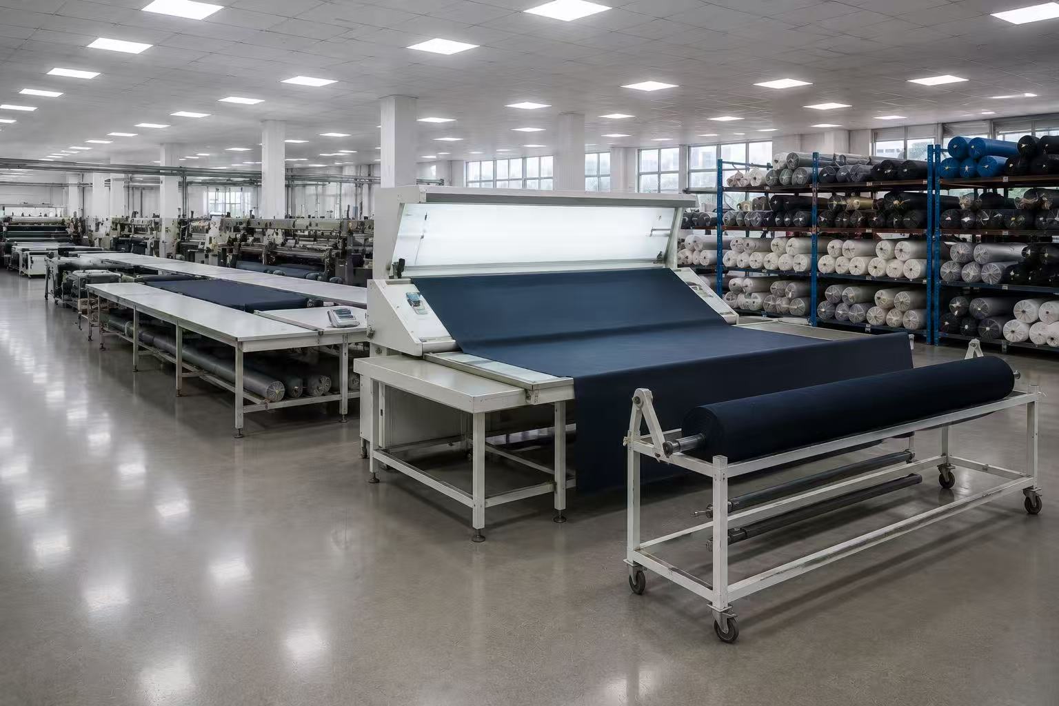 Technical fabric passing through an illuminated inspection machine