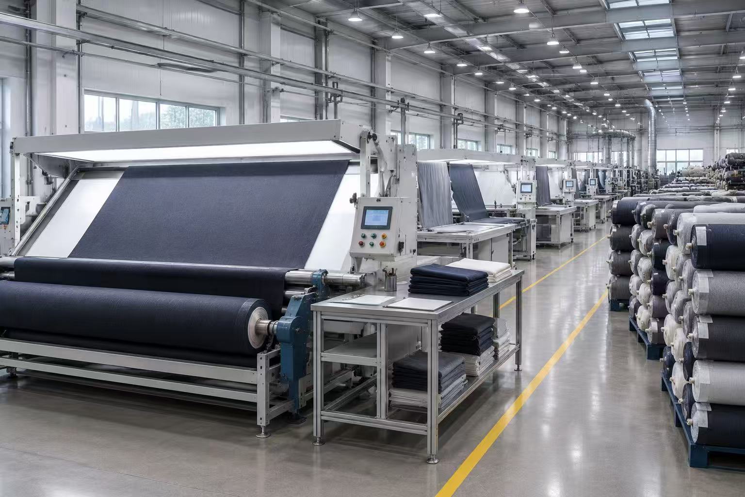 Technical fabric rolls being inspected and prepared in the workshop