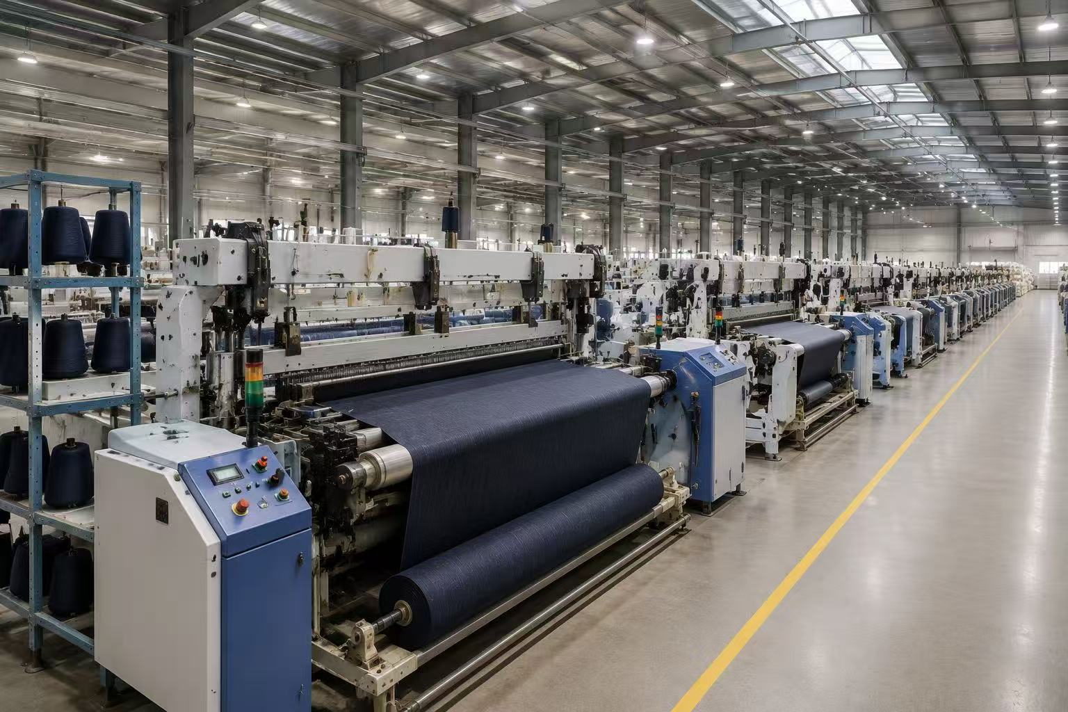 Rows of industrial weaving machines operating in the workshop